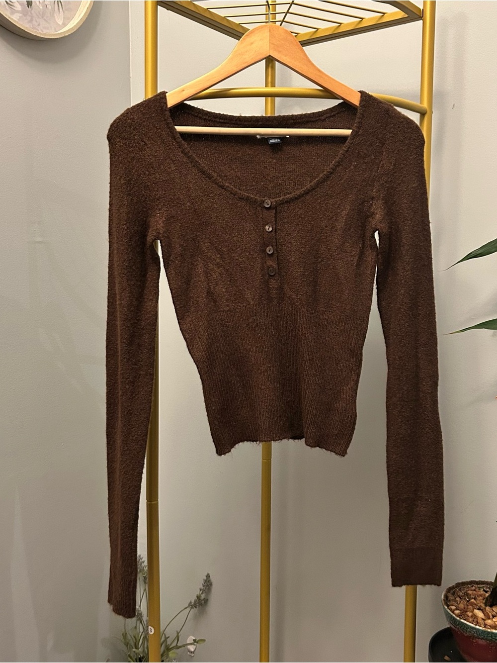 American Eagle Y2K preppy Cottagecore brown Long Sleeve Scoop Henley Sweater XS